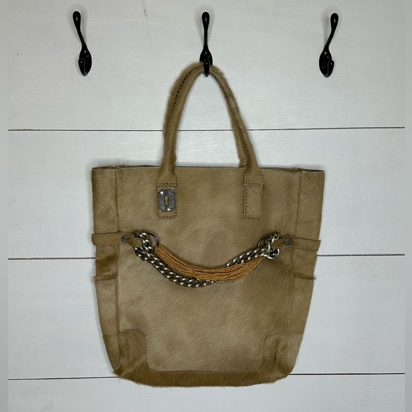 Vintage Falor Made in Italy Purse Tan Leather Hide with Silver Chain and Beads - Picture 1 of 9